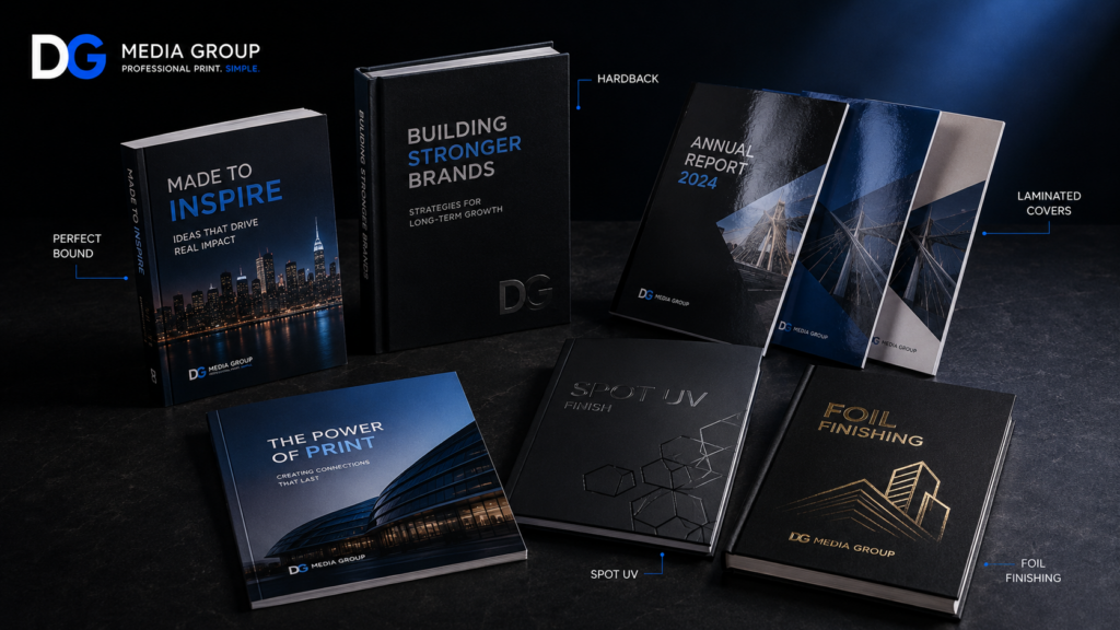 Book printing options including perfect bound, hardback, laminated covers, spot UV and foil finishing.